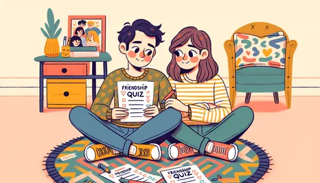 Deux amis répondant ensemble à un quiz sur l'amitié Deux amis répondant ensemble à un quiz sur l'amitié